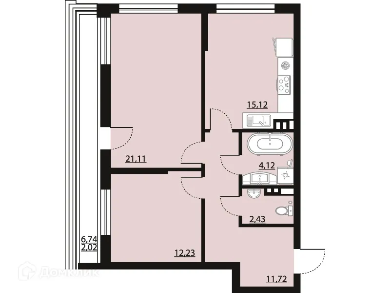 Планировка 2-комнатной квартиры 68.75 м² в ЖК "Бунин", г. Воронеж — фото 1