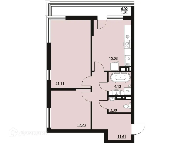 Планировка 2-комнатной квартиры 68.21 м² в ЖК "Бунин", г. Воронеж — фото 1