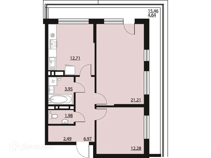 Планировка 2-комнатной квартиры 66.26 м² в ЖК "Бунин", г. Воронеж — фото 1