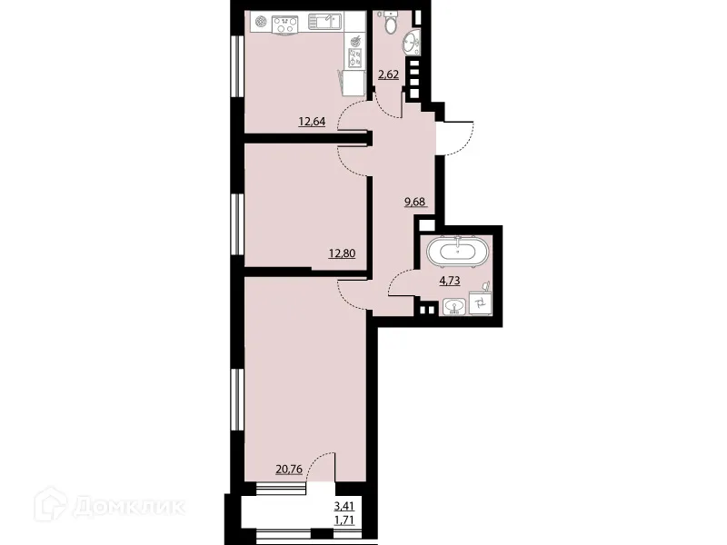 Планировка 2-комнатной квартиры 64.94 м² в ЖК "Бунин", г. Воронеж — фото 1