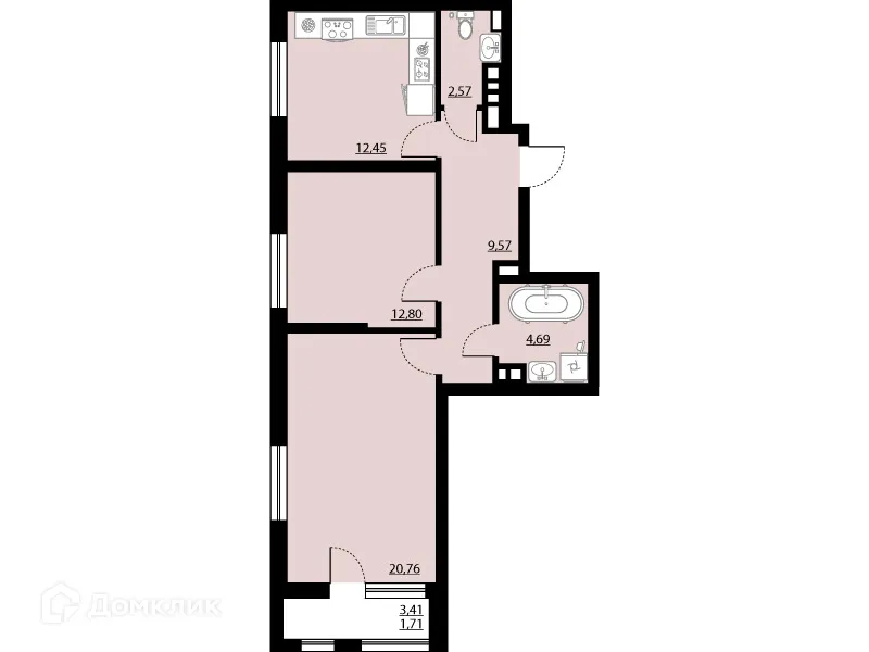 Планировка 2-комнатной квартиры 64.55 м² в ЖК "Бунин", г. Воронеж — фото 1