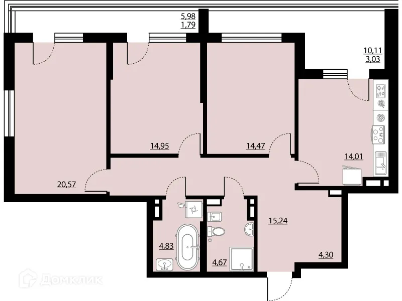 Планировка 3-комнатной квартиры 97.87 м² в ЖК "Бунин", г. Воронеж — фото 1