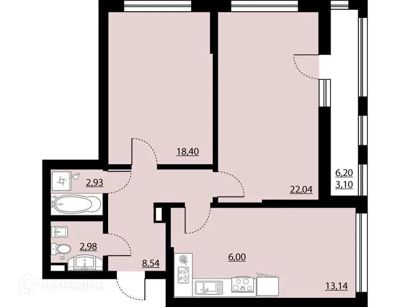 Планировка 2-комнатной квартиры 77.12 м² в ЖК "Бунин", г. Воронеж — фото 1
