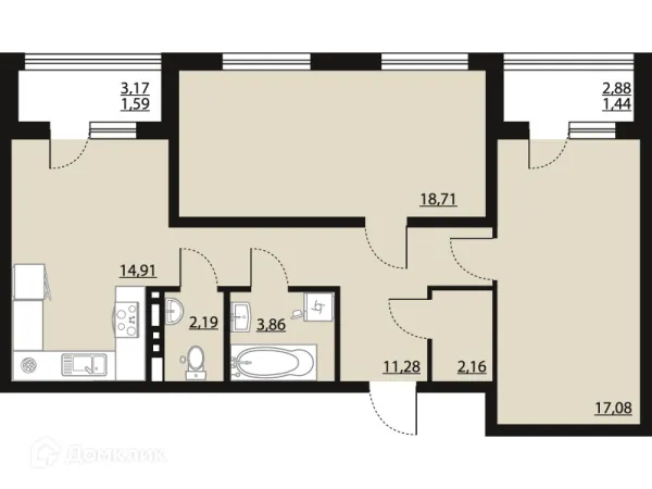 Планировка 2 комн. в ЖК "Бунин"