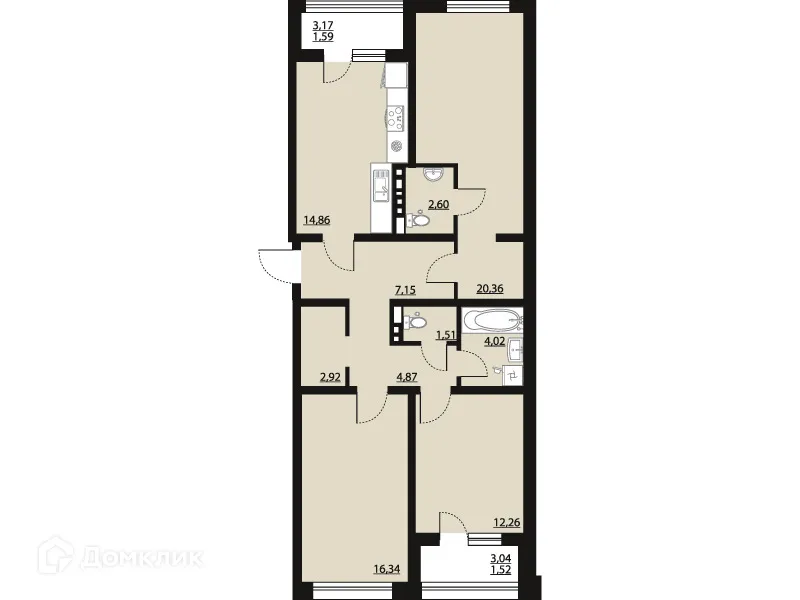 Планировка 3-комнатной квартиры 90 м² в ЖК "Бунин", г. Воронеж — фото 1