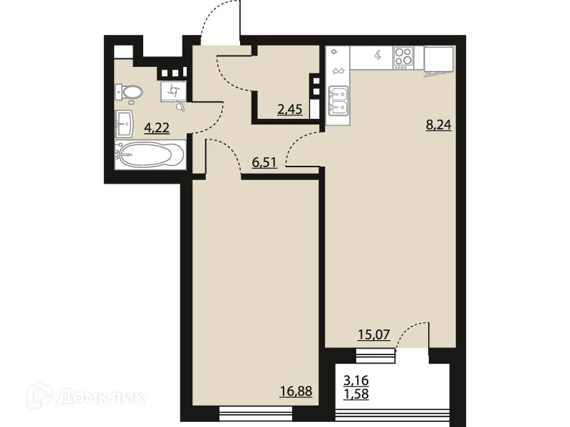 Планировка 1-комнатной квартиры 54.95 м² в ЖК "Бунин", г. Воронеж — фото 1