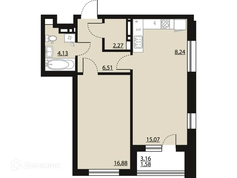 Планировка 1-комнатной квартиры 54.68 м² в ЖК "Бунин", г. Воронеж — фото 1