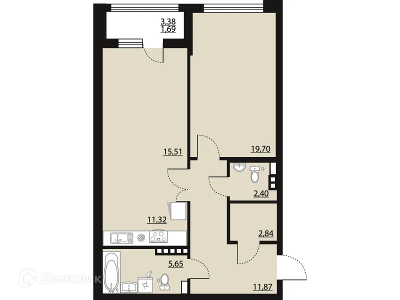 Планировка 1-комнатной квартиры 70.98 м² в ЖК "Бунин", г. Воронеж — фото 1