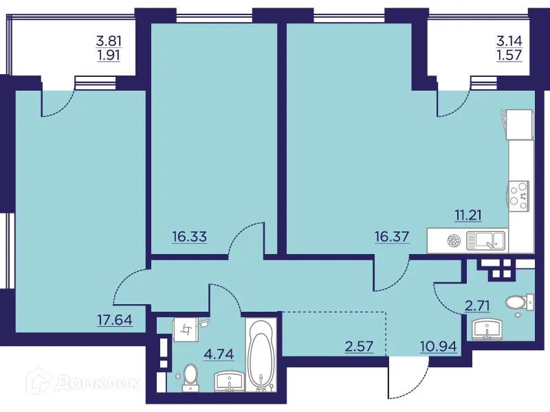 Планировка 2-комнатной квартиры 85.99 м² в ЖК Городские Сады, г. Воронеж — фото 1