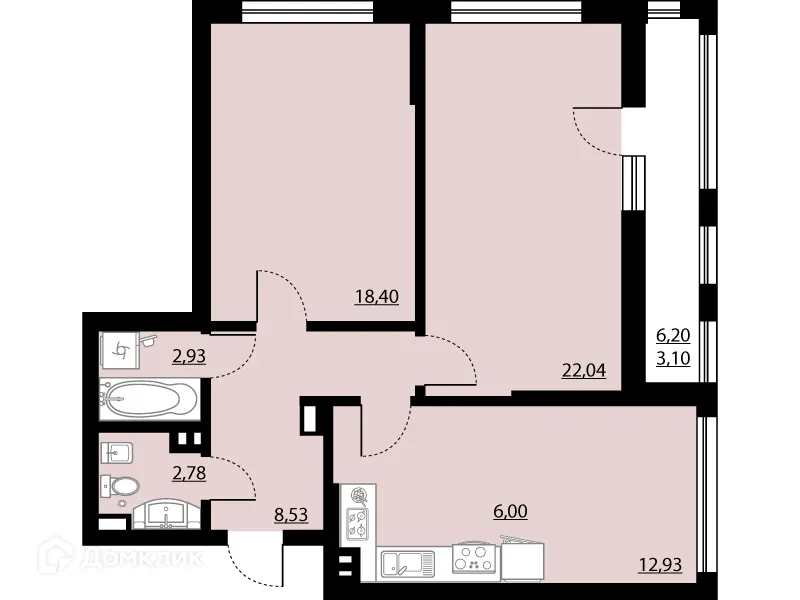 Планировка 2-комнатной квартиры 76.71 м² в ЖК "Бунин", г. Воронеж — фото 1