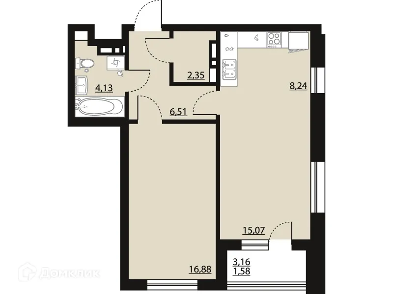 Планировка 1-комнатной квартиры 54.76 м² в ЖК "Бунин", г. Воронеж — фото 1