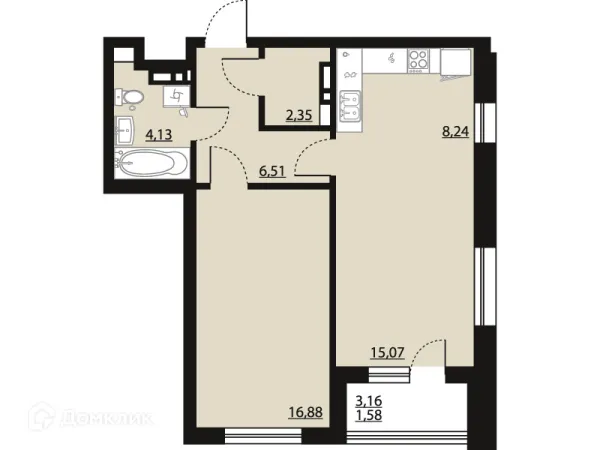 Планировка 1 комн. в ЖК "Бунин"