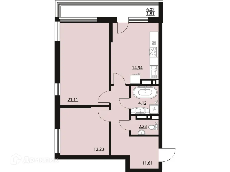 Планировка 2-комнатной квартиры 68.05 м² в ЖК "Бунин", г. Воронеж — фото 1