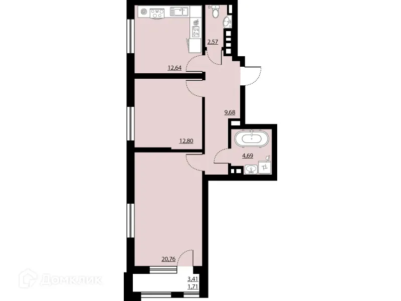 Планировка 2-комнатной квартиры 64.85 м² в ЖК "Бунин", г. Воронеж — фото 1