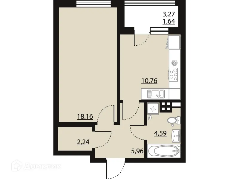 Планировка 1-комнатной квартиры 43.35 м² в ЖК "Бунин", г. Воронеж — фото 1