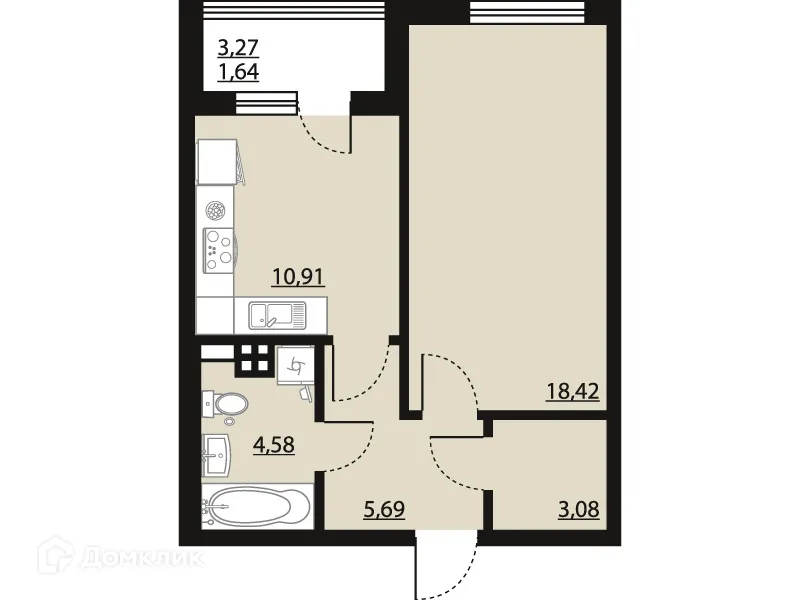 Планировка 1-комнатной квартиры 44.32 м² в ЖК "Бунин", г. Воронеж — фото 1