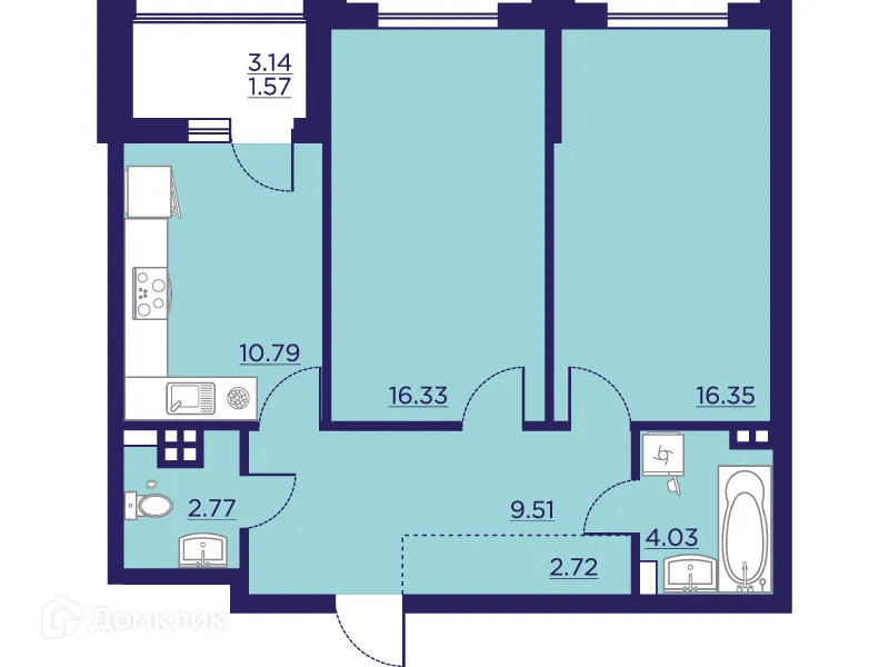 Планировка 2-комнатной квартиры 64.07 м² в ЖК Городские Сады, г. Воронеж — фото 1