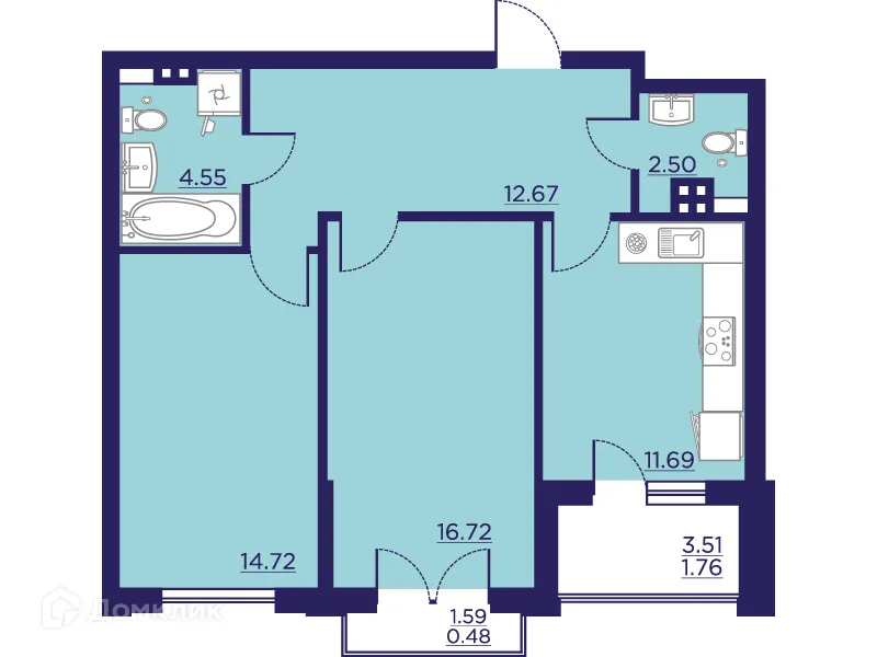 Планировка 2-комнатной квартиры 65.1 м² в ЖК Городские Сады, г. Воронеж — фото 1