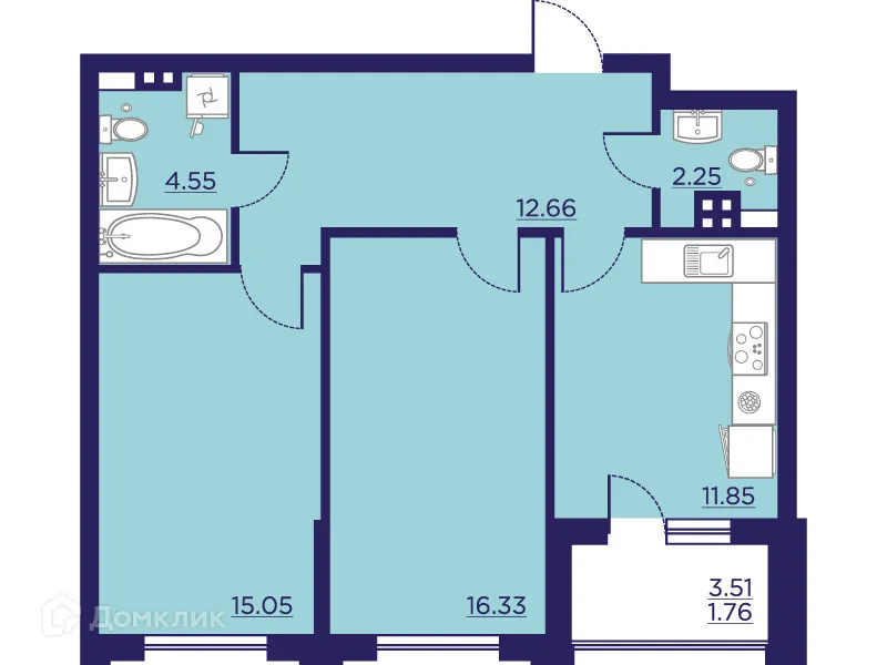 Планировка 2-комнатной квартиры 64.45 м² в ЖК Городские Сады, г. Воронеж — фото 1