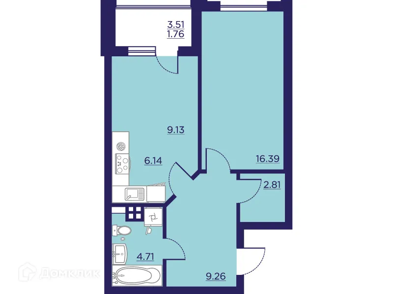 Планировка 1-комнатной квартиры 50.2 м² в ЖК Городские Сады, г. Воронеж — фото 1
