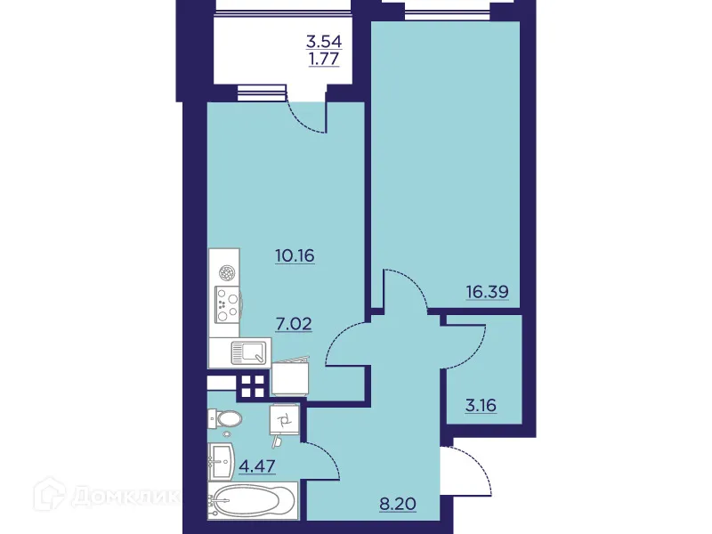 Планировка 1-комнатной квартиры 51.17 м² в ЖК Городские Сады, г. Воронеж — фото 1