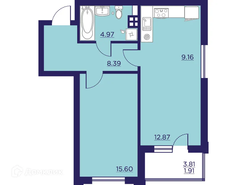 Планировка 1-комнатной квартиры 52.9 м² в ЖК Городские Сады, г. Воронеж — фото 1