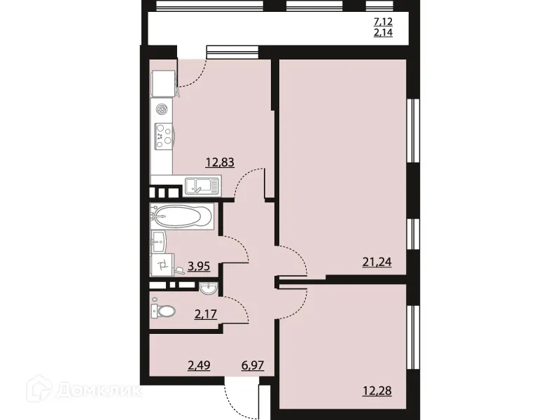 Планировка 2-комнатной квартиры 64.02 м² в ЖК "Бунин", г. Воронеж — фото 1