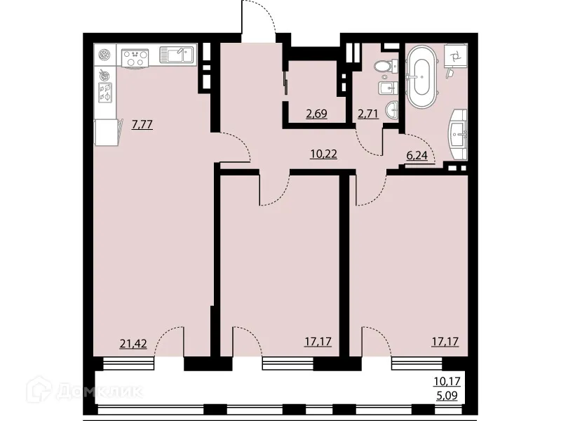 Планировка 2-комнатной квартиры 90.48 м² в ЖК "Бунин", г. Воронеж — фото 1