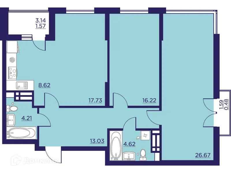 Планировка 2-комнатной квартиры 93.15 м² в ЖК Городские Сады, г. Воронеж — фото 1