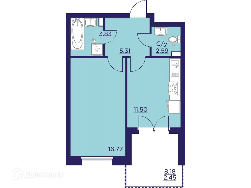 Планировка 1-комнатной квартиры 42.45 м² в ЖК Городские Сады, г. Воронеж — фото 1
