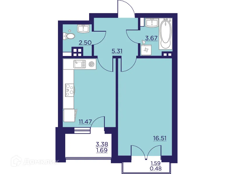Планировка 1-комнатной квартиры 41.63 м² в ЖК Городские Сады, г. Воронеж — фото 1