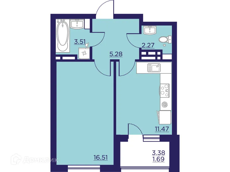 Планировка 1-комнатной квартиры 40.73 м² в ЖК Городские Сады, г. Воронеж — фото 1
