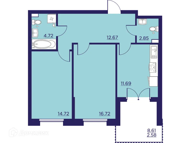 Планировка 2-комнатной квартиры 65.95 м² в ЖК Городские Сады, г. Воронеж — фото 1