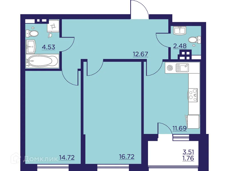 Планировка 2-комнатной квартиры 64.57 м² в ЖК Городские Сады, г. Воронеж — фото 1