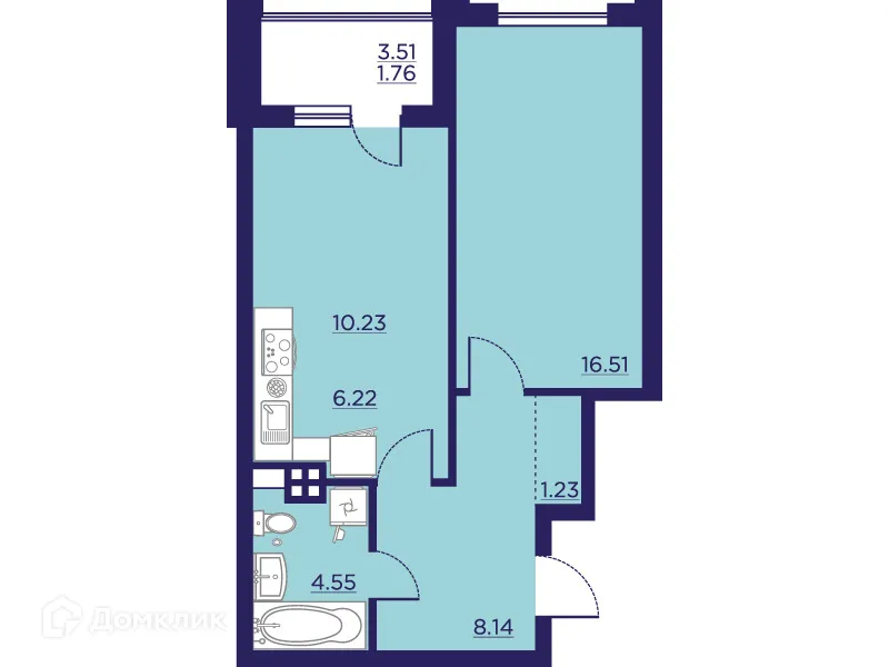 Планировка 1-комнатной квартиры 48.64 м² в ЖК Городские Сады, г. Воронеж — фото 1