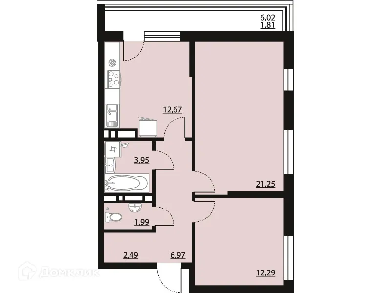 Планировка 2-комнатной квартиры 63.42 м² в ЖК "Бунин", г. Воронеж — фото 1