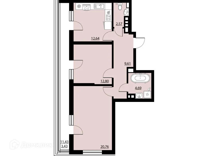 Планировка 2-комнатной квартиры 66.5 м² в ЖК "Бунин", г. Воронеж — фото 1