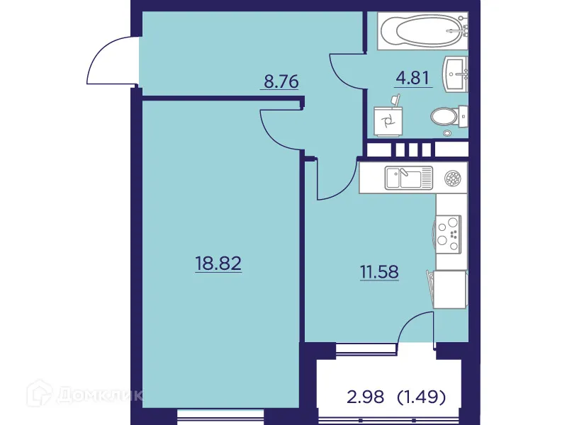 Планировка 1-комнатной квартиры 45.46 м² в ЖК Городские Сады, г. Воронеж — фото 2