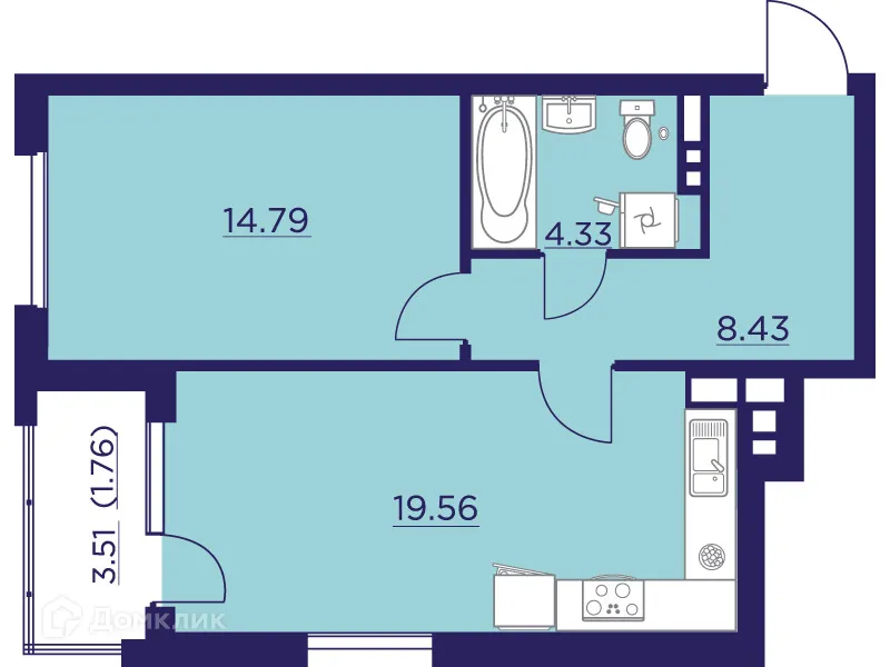 Планировка 1-комнатной квартиры 48.87 м² в ЖК Городские Сады, г. Воронеж — фото 2