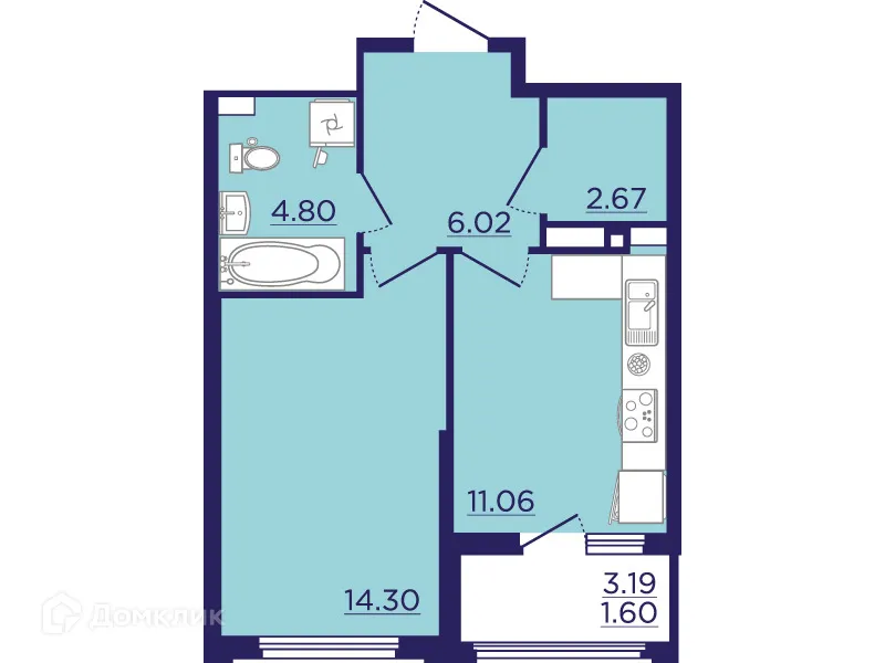 Планировка 1-комнатной квартиры 40.45 м² в ЖК Городские Сады, г. Воронеж — фото 2