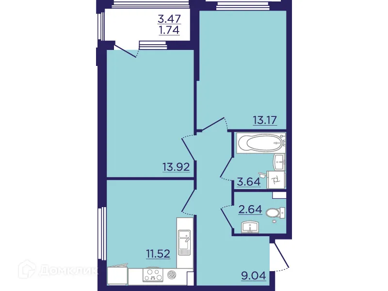 Планировка 2-комнатной квартиры 55.67 м² в ЖК Городские Сады, г. Воронеж — фото 2