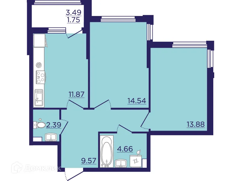 Планировка 2-комнатной квартиры 58.65 м² в ЖК Городские Сады, г. Воронеж — фото 2