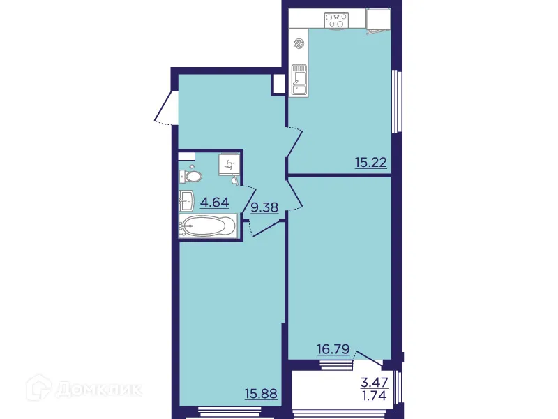 Планировка 2-комнатной квартиры 63.65 м² в ЖК Городские Сады, г. Воронеж — фото 2
