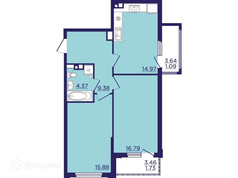 Планировка 2-комнатной квартиры 64.21 м² в ЖК Городские Сады, г. Воронеж — фото 2