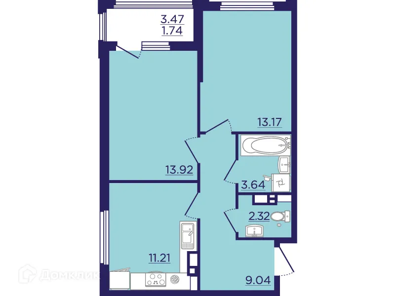 Планировка 2-комнатной квартиры 55.04 м² в ЖК Городские Сады, г. Воронеж — фото 2