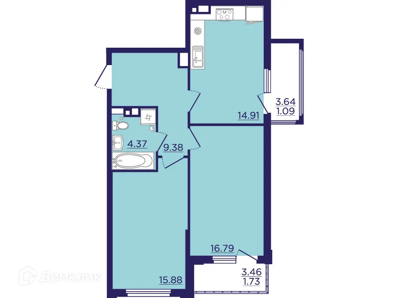 Планировка 2-комнатной квартиры 64.15 м² в ЖК Городские Сады, г. Воронеж — фото 2