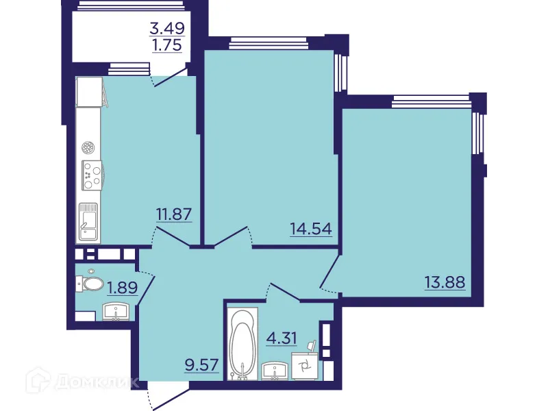 Планировка 2-комнатной квартиры 57.8 м² в ЖК Городские Сады, г. Воронеж — фото 2