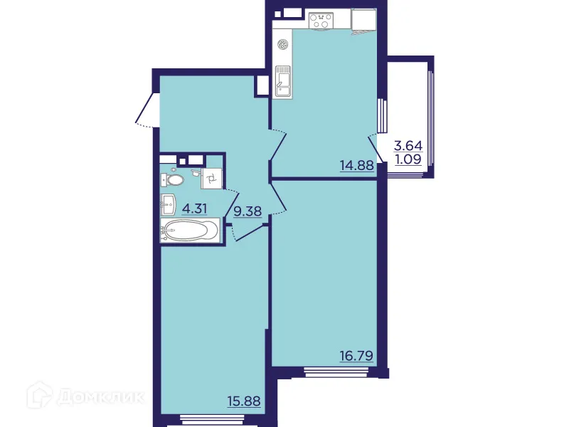Планировка 2-комнатной квартиры 62.33 м² в ЖК Городские Сады, г. Воронеж — фото 2