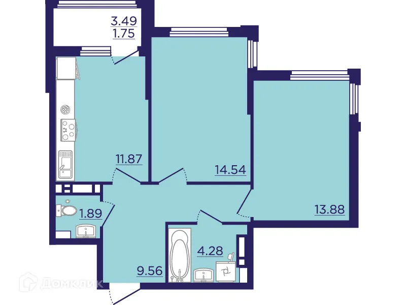 Планировка 2-комнатной квартиры 57.77 м² в ЖК Городские Сады, г. Воронеж — фото 2