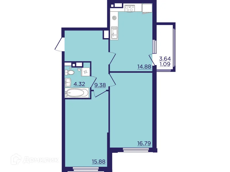Планировка 2-комнатной квартиры 62.34 м² в ЖК Городские Сады, г. Воронеж — фото 2